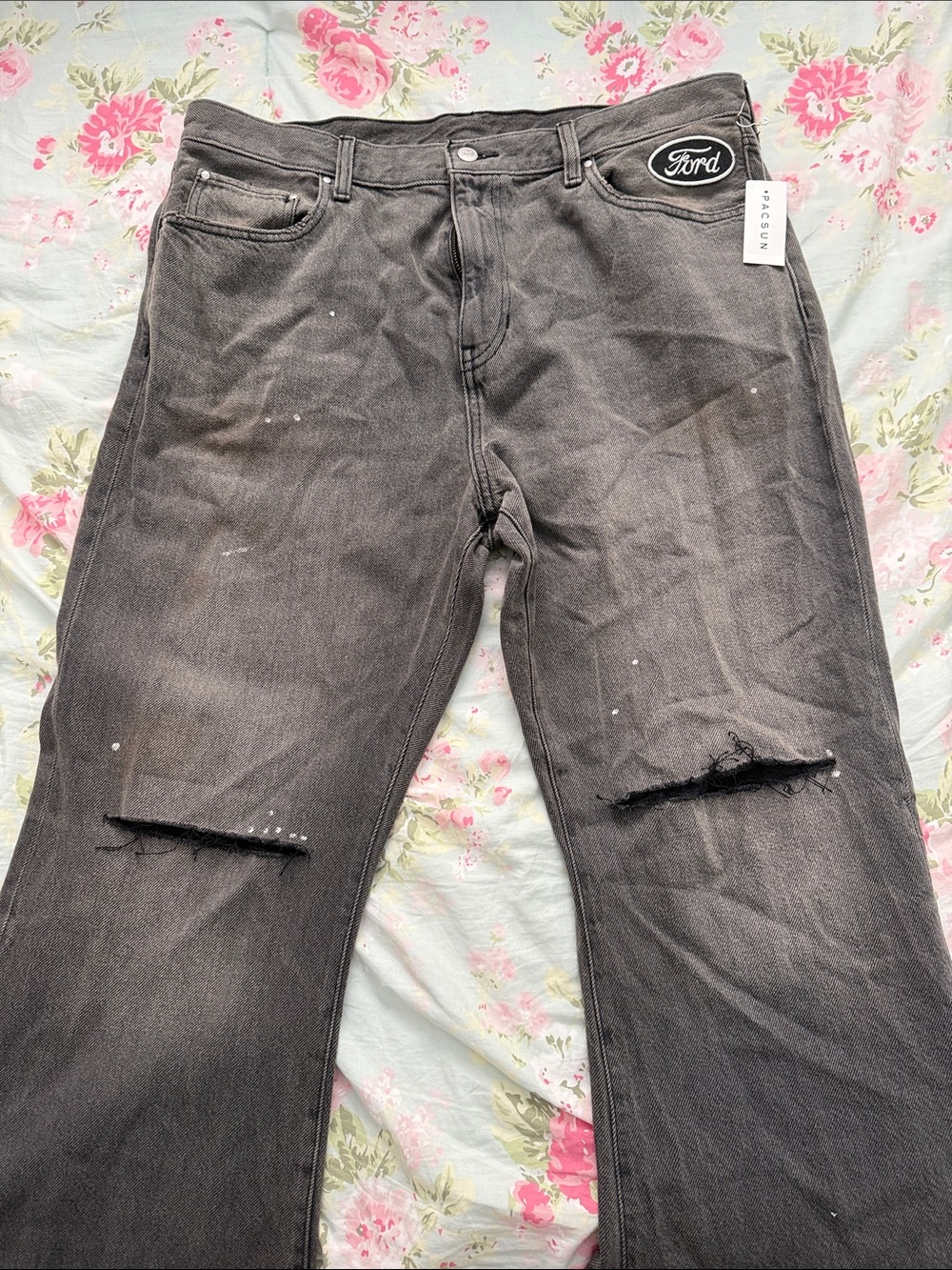 Ford Men's Black Straight Jeans with Knee Rips